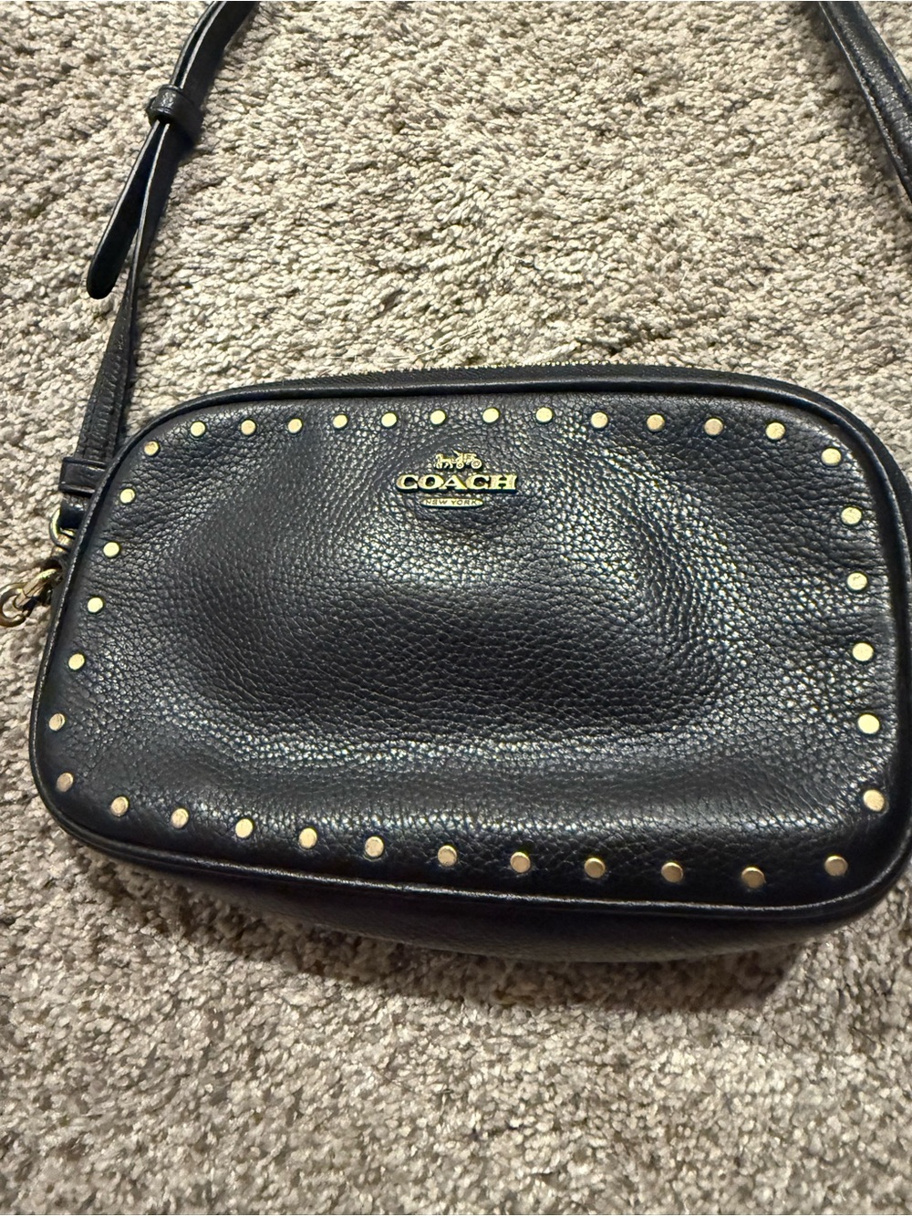 Coach Black Pebbled Leather Studded Crossbody Bag with two zipper pocket’s